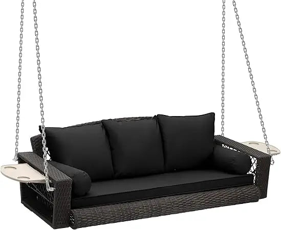 3 Person Porch Swing Patio Wicker Hanging Porch Swing Chair Outdoor Rattan Swing Bench with Cushion and Pillow for Garden, Yard