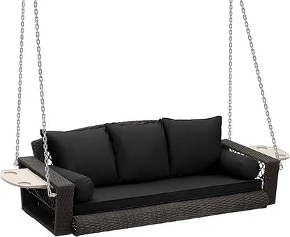 3 Person Porch Swing Patio Wicker Hanging Porch Swing Chair Outdoor Rattan Swing Bench with Cushion and Pillow for Garden, Yard