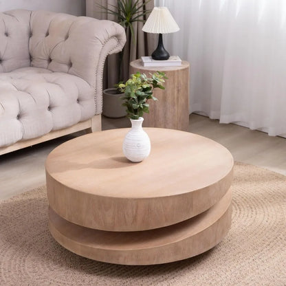 Modern Round Wood Coffee Table – 31.3" Asymmetrical Two-Tier Accent Table, Natural Finish, Low Profile Center Table for Living R