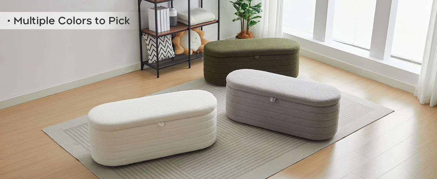 TODRANI 45" Storage Ottoman Bench, 300 Lb Capacity Teddy Upholstered, Safety Hinge, Flip-Top Oval Foot Rest With Foot Pads