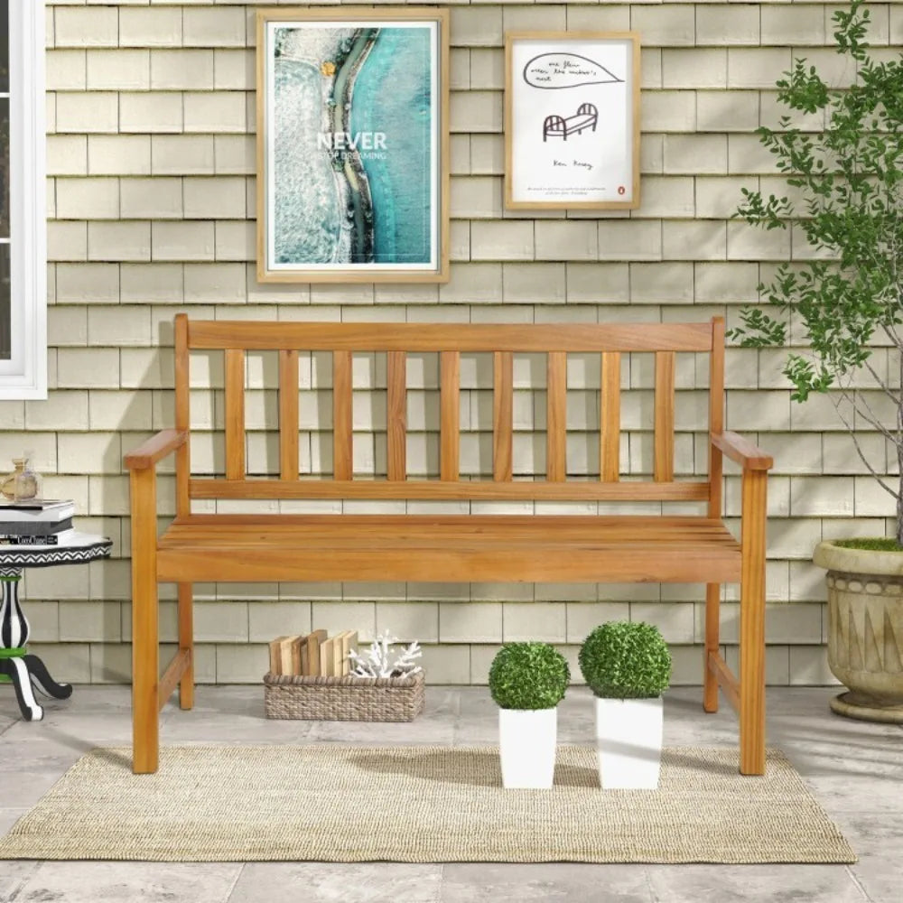2 Persons Outdoor Acacia Wood Bench Patio Porch Loveseat Garden Seat Furniture