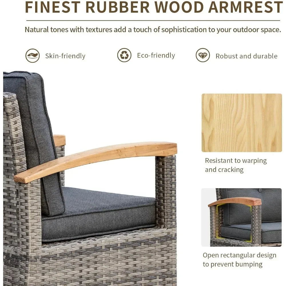 A  6 Pieces Outdoor Rattan Furniture Sets with 2 Wood Armrests Swivel Rocker Chairs, 2 Ottoman, 3-Seat Sofa and Coffee Table