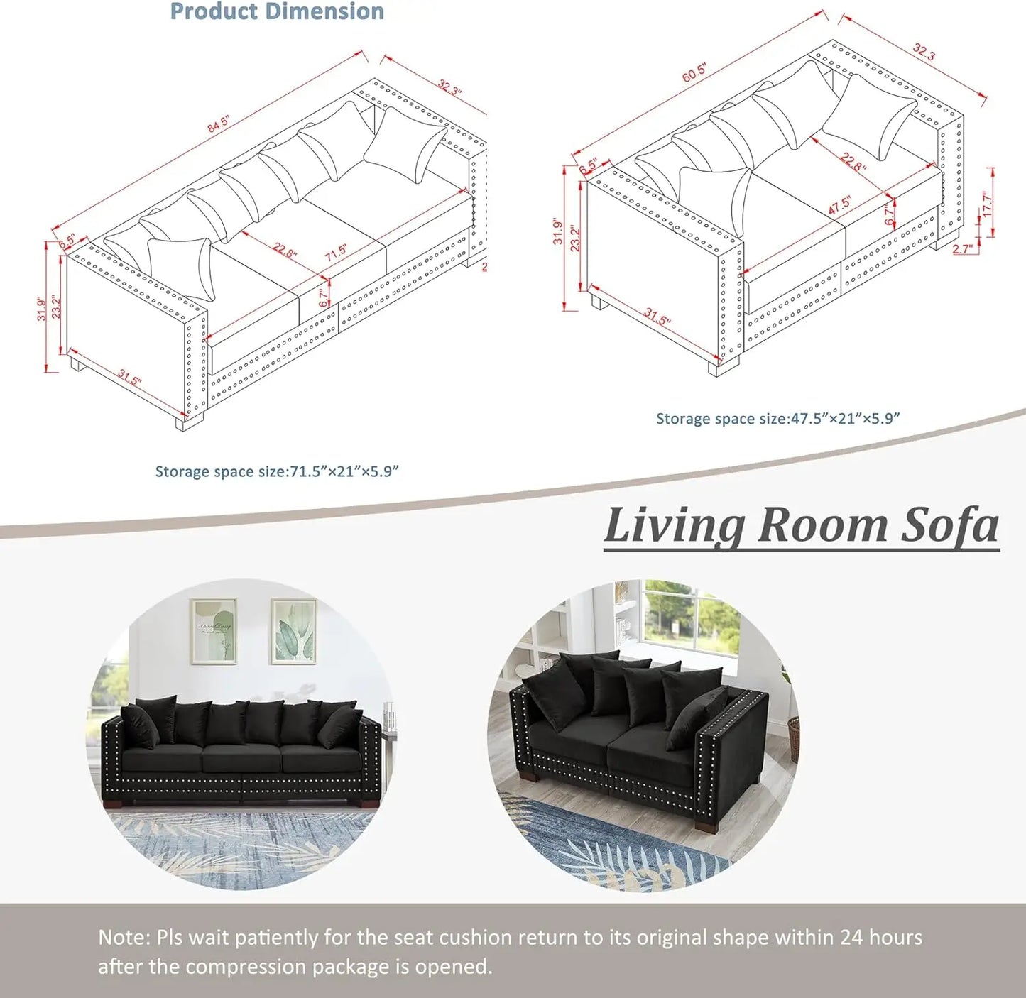 2-Piece Modern Velvet Upholstered 2+3 Seater Sofa Set with Storage Space, Loveseat and Sofa Couch with Silver Nail Trim
