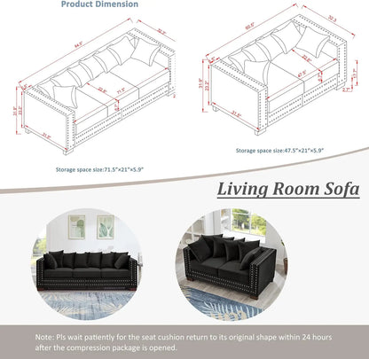 2-Piece Modern Velvet Upholstered 2+3 Seater Sofa Set with Storage Space, Loveseat and Sofa Couch with Silver Nail Trim