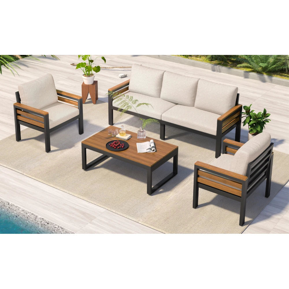 GO 4-Piece Outdoor Furniture Sofa Set for 5 People with Acacia Wood Armrests Patio Conversation Set with Removable Cushion