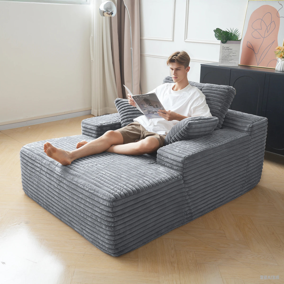Sdoren 49inch Chaise Lounge Chair Indoor Oversized Corduroy Upholstered Boneless Sofa Bed Deep Seat Sleeper Couch Reading Chairs
