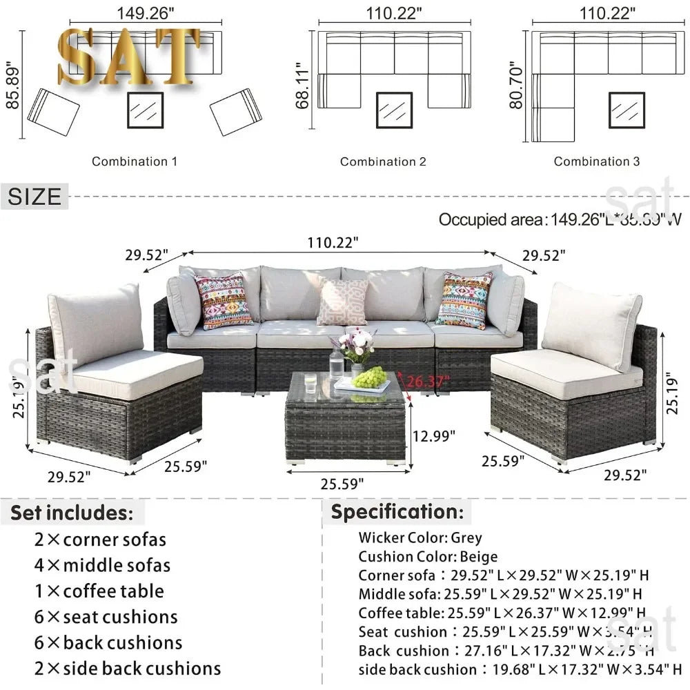 K 7-piece Outdoor Terrace Segmented Sofa Gray PE Wicker Furniture Dialogue Set Outdoor Sessions Gardens Sets Garden Patio