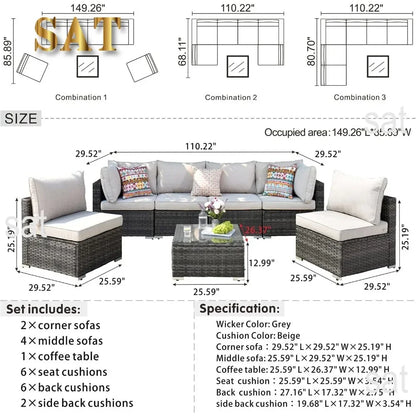 K 7-piece Outdoor Terrace Segmented Sofa Gray PE Wicker Furniture Dialogue Set Outdoor Sessions Gardens Sets Garden Patio