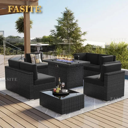 Furniture Set with 44" Propane Gas Fire Pit Table, Outdoor Sectional Conversation Set Wicker Rattan Sofa Set with Coffee Table