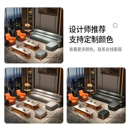 Modern simple ebony leather sofa new Chinese living room size apartment solid wood first layer cowhide new combination
