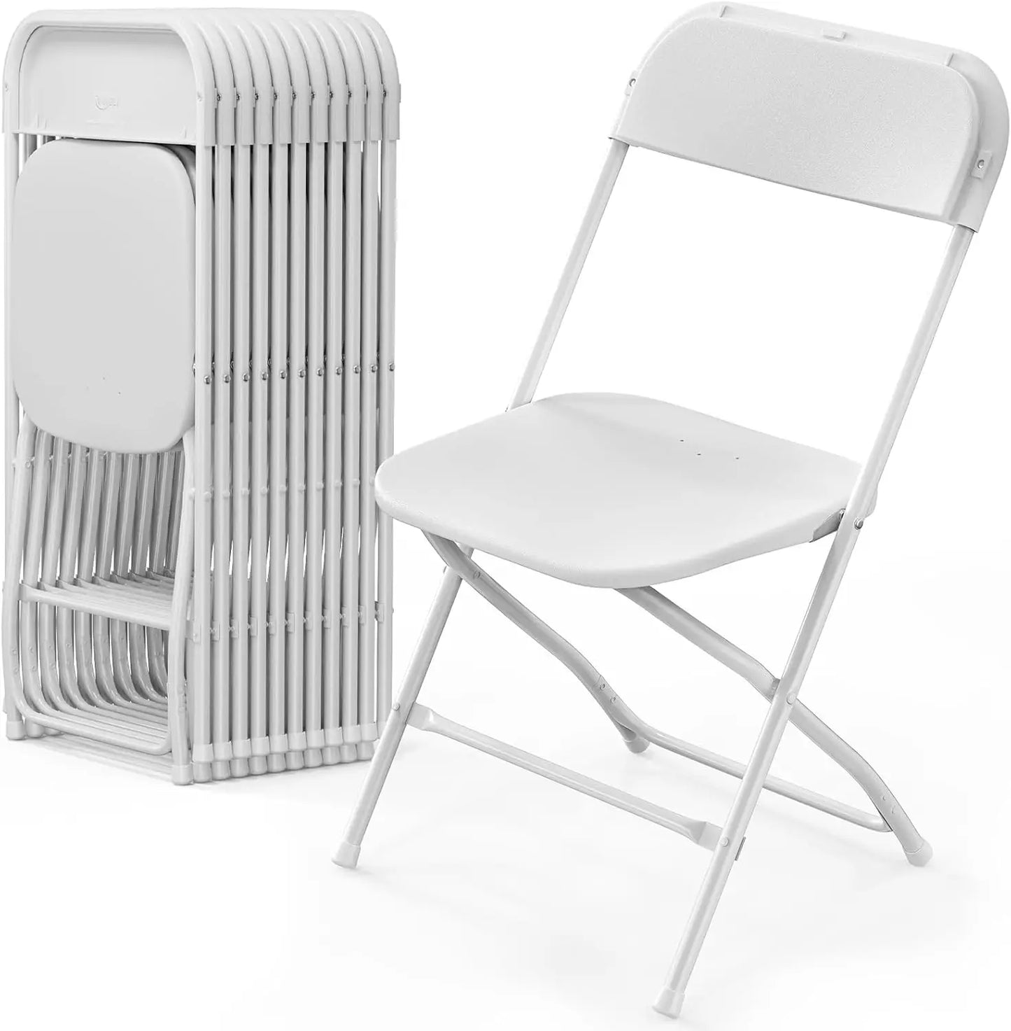 8 Pack White Plastic Folding Chair, Indoor Outdoor Portable Stackable Commercial Seat with Steel Frame 350lb.