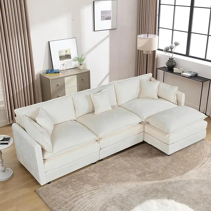112.2" L-Shaped Cloud Couches | Deep 3 Seater Couch with Ottoman | Soft Chenille Cloud Sofa for Cozy Living Room