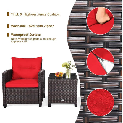 3 Piece Patio Furniture Set, Outdoor Conversation Set with Washable Cushions & Tempered Glass Tabletop, PE Rattan Wicker Bistro