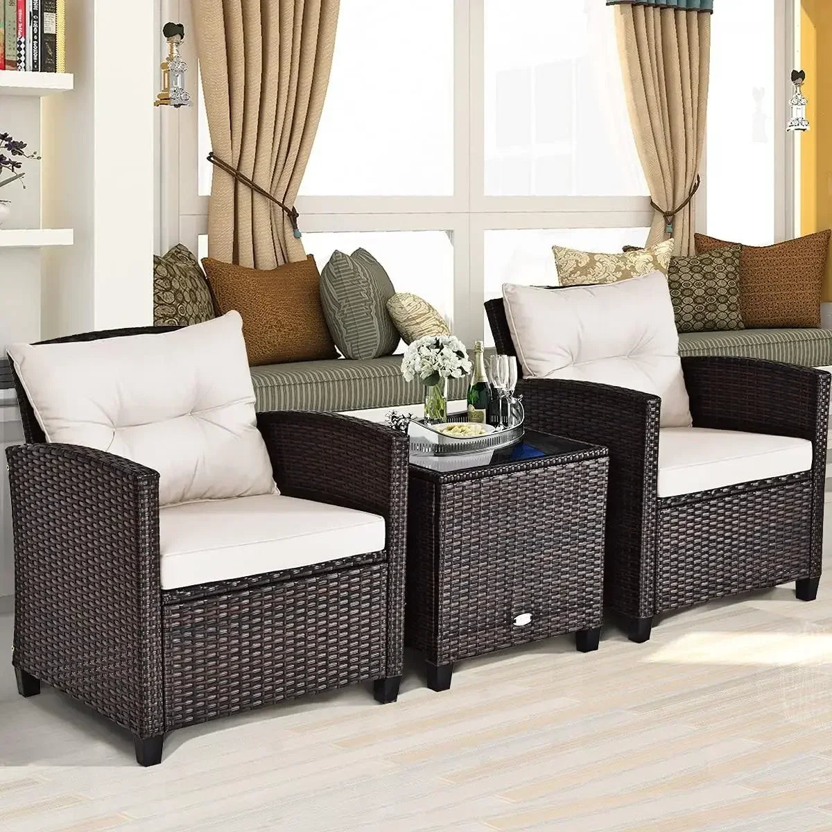High quality  3 Pieces Patio Furniture Set, PE Rattan Wicker 3 Pcs Outdoor Sofa Set w/Washable Cushion and Tempered Glass Tablet