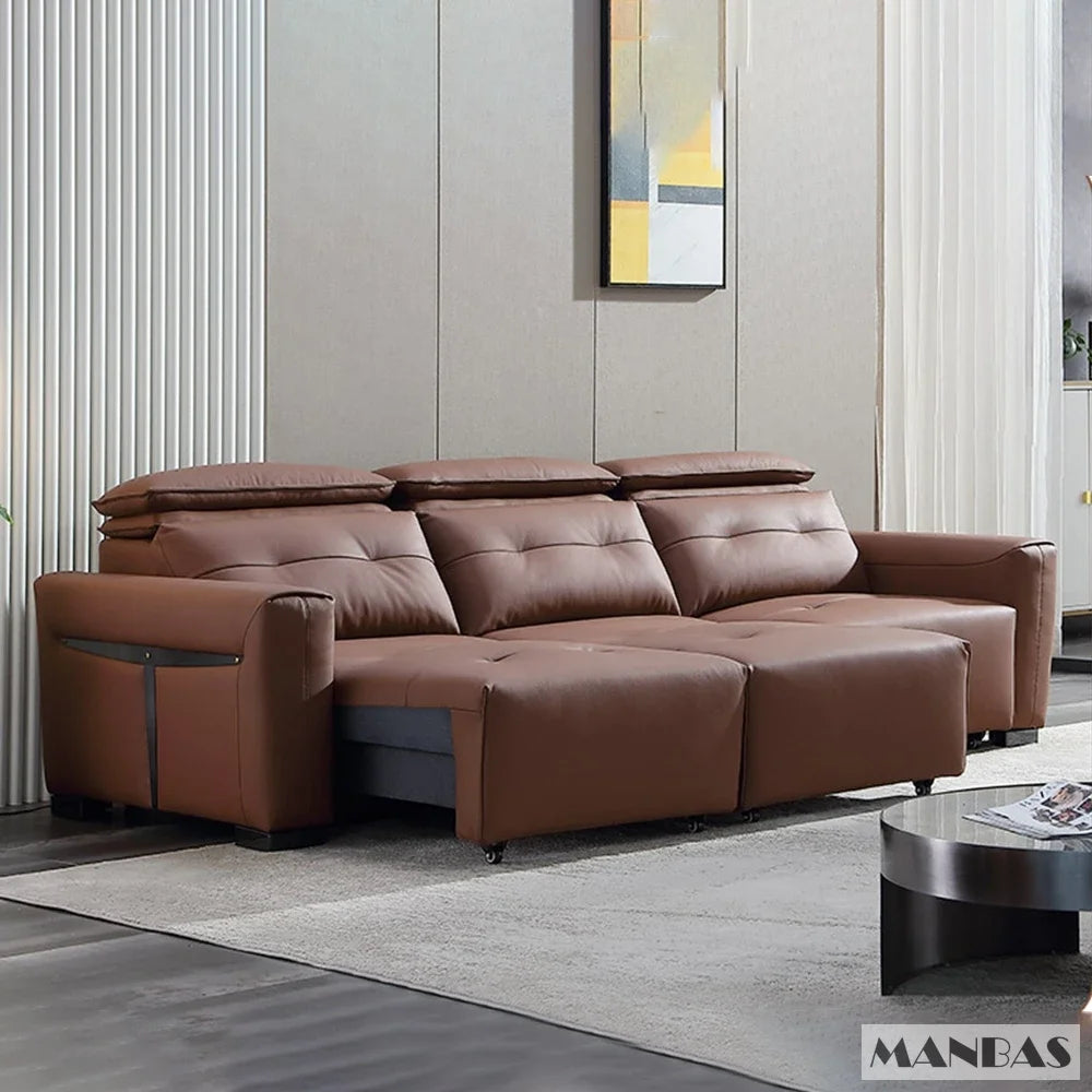 Genuine Leather Electric Convertible Sofa Bed with Adjustable Headrest, Multifunctional Folding Sofa Beds for Cinema Living Room