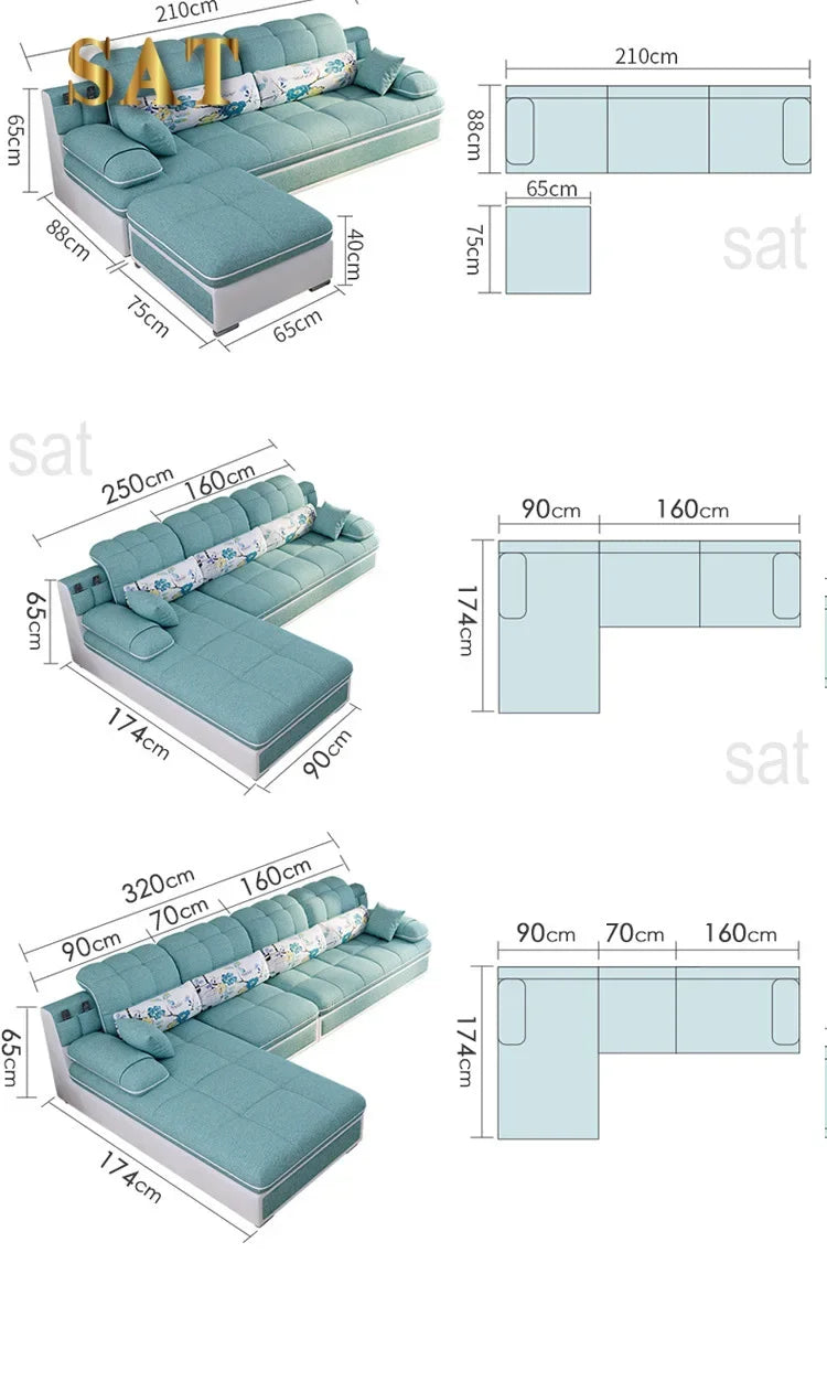 Nordic Modern Sky Blue L-Shaped Corner Sofa Soft Three Seater Loveseat and Bunk Bed Couch Set for Living Room