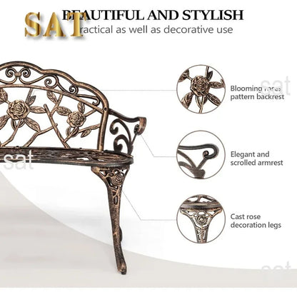 For 38.5" Patio Park Garden Outdoor Metal Rose Bench,Cast Iron Cast Aluminium Frame Antique Finish Chair Deck Furniture