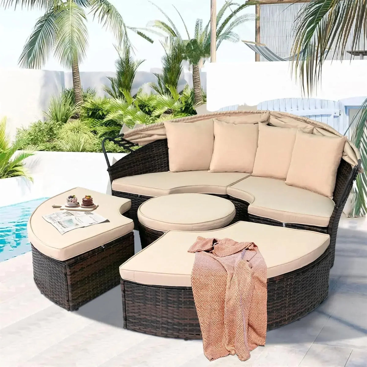 Nordic luxury Leisure Round Daybed with Retractable Canopy,Outdoor Furniture with Washable Cushions, Clamshell Sectional Seating