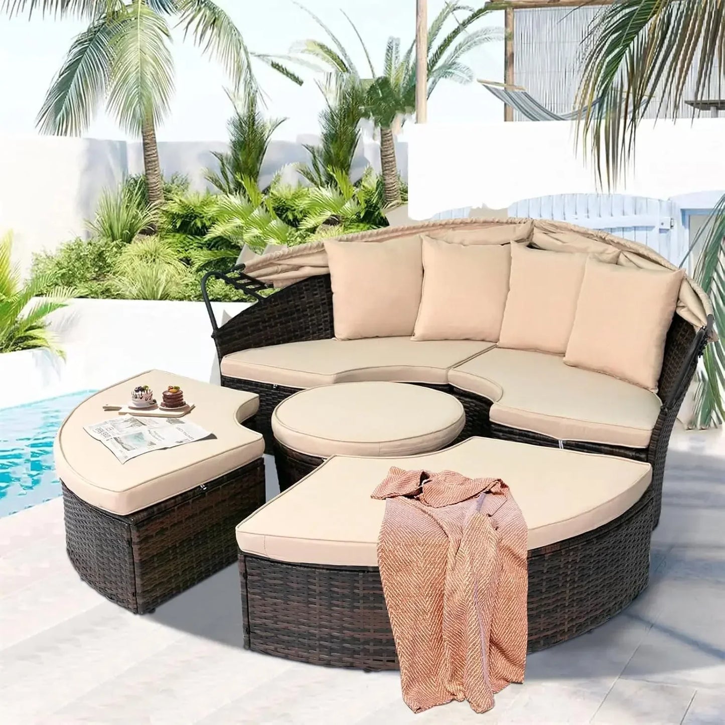 Nordic luxury Leisure Round Daybed with Retractable Canopy,Outdoor Furniture with Washable Cushions, Clamshell Sectional Seating