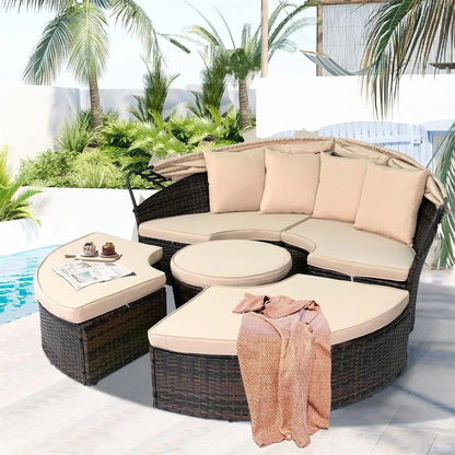 Nordic luxury Leisure Round Daybed with Retractable Canopy,Outdoor Furniture with Washable Cushions, Clamshell Sectional Seating