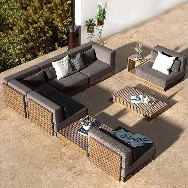 Outdoor Garden Villa Waterproof Teak Aluminum Sofa Sunbed and Coffee Table Combination Furniture