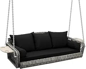 3 Person Porch Swing Patio Wicker Hanging Porch Swing Chair Outdoor Rattan Swing Bench with Cushion and Pillow for Garden, Yard