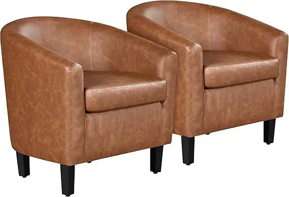 Brown Accent Chairs Set Of 2 Faux Leather Barrel Chairs Comfy Modern Leather Club Armchairs With Soft Seat For Living Room