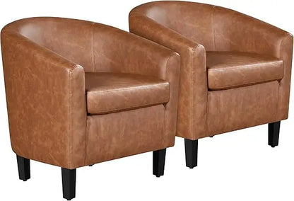 Brown Accent Chairs Set Of 2 Faux Leather Barrel Chairs Comfy Modern Leather Club Armchairs With Soft Seat For Living Room