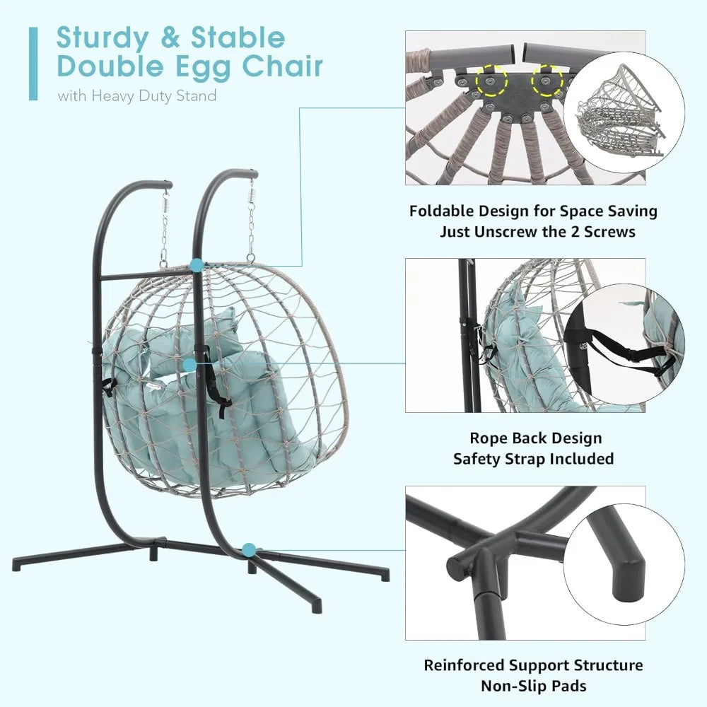 2 Person Double Egg Swing Chair with Stand Indoor Outdoor, Patio Wicker Rattan Hanging Egg Chair w/Cushion, Pillow, Fo