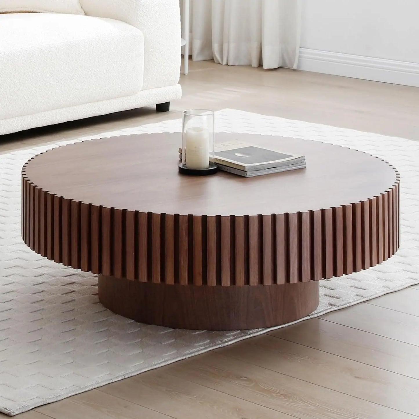31.49" Matt Round Coffee Table, Nesting Pedestal Coffee Tables for Living Room Farmhouse Mid Century Modern Coffee Table