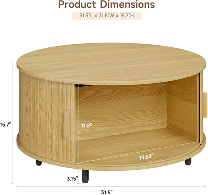 Round Coffee Table with Storage, 31.5" Modern Coffee Table with 360° Curved Sliding Door, Fluted Wood Accent Coffee Table with