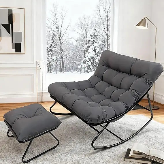 Oversized Patio Rocking Chair with Ottoman, Comfy Lounge Rocker Chair, Outdoor and Indoor Rocking Chairs with Deep Cushion, Meta