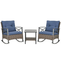3 Piece Outdoor Rocking Chair Set W/ Cushions, Wicker Bistro Set, Dark Blue