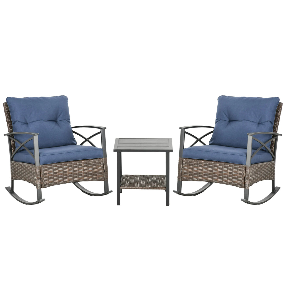 3 Piece Outdoor Rocking Chair Set W/ Cushions, Wicker Bistro Set, Dark Blue