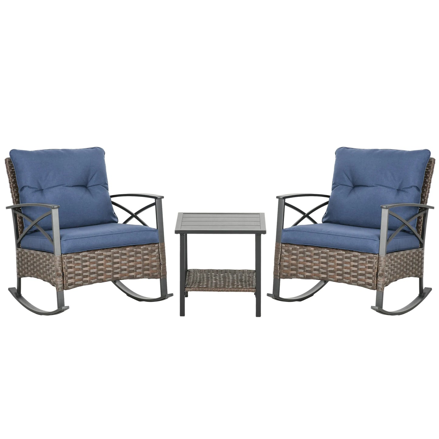 3 Piece Outdoor Rocking Chair Set W/ Cushions, Wicker Bistro Set, Dark Blue