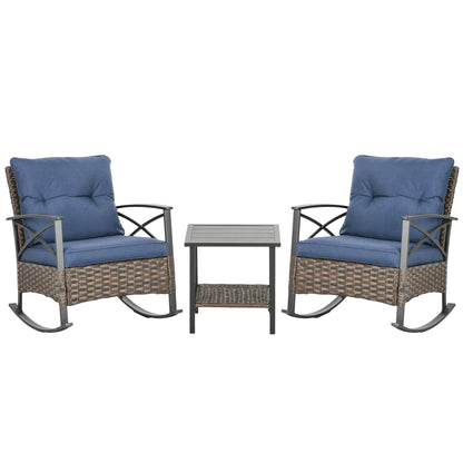 3 Piece Outdoor Rocking Chair Set W/ Cushions, Wicker Bistro Set, Dark Blue