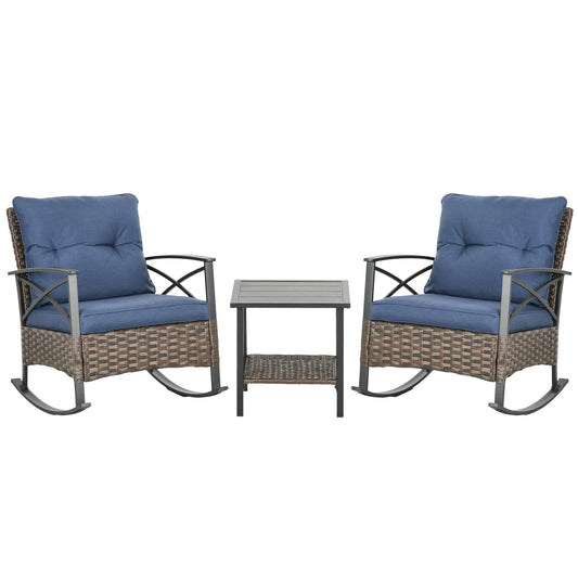3 Piece Outdoor Rocking Chair Set W/ Cushions, Wicker Bistro Set, Dark Blue