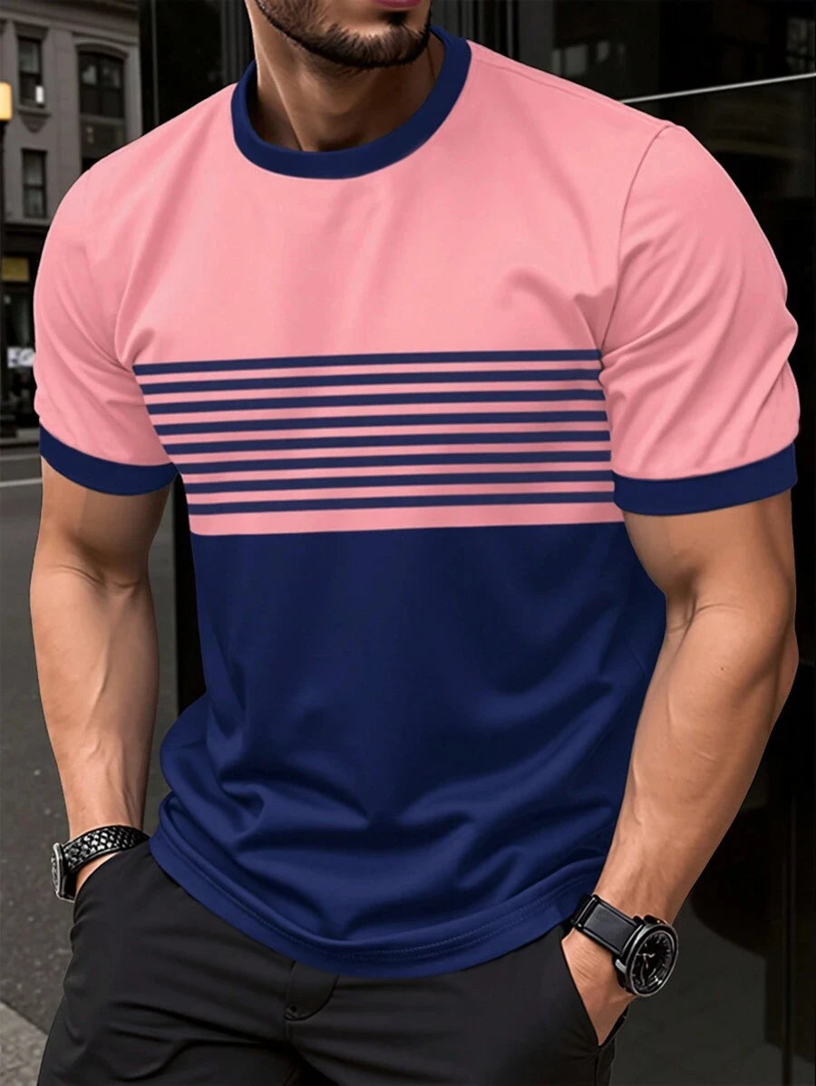 Outdoor Men's T Shirt Summer Fashion Casual Round Neck Short Sleeve Top Striped Printed Style Asian Size Men's Clothing T-shirt