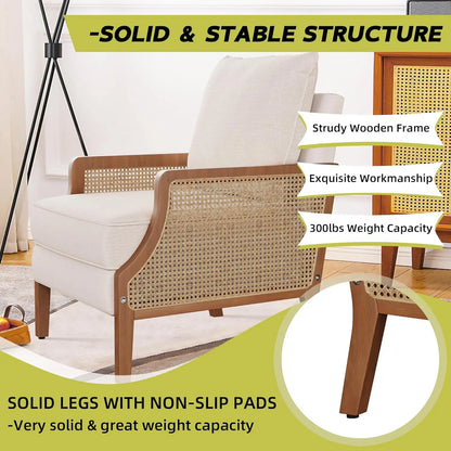 Mid Century Modern Accent Chair Upholstered Living Room Chairs Armchair with Rattan Armrest Comfy Reading Chair