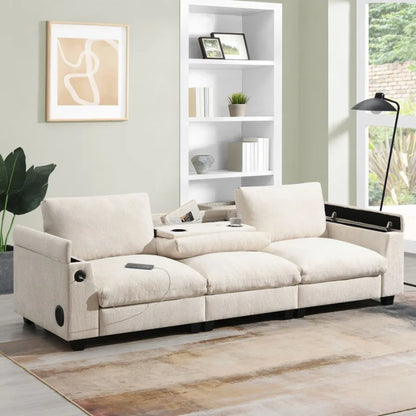 9635''Chenille Sectional Sofa with Bluetooth Speaker Comfy Cloud Couch Set with Drop Down Table Cup Holders USB Charger Storage