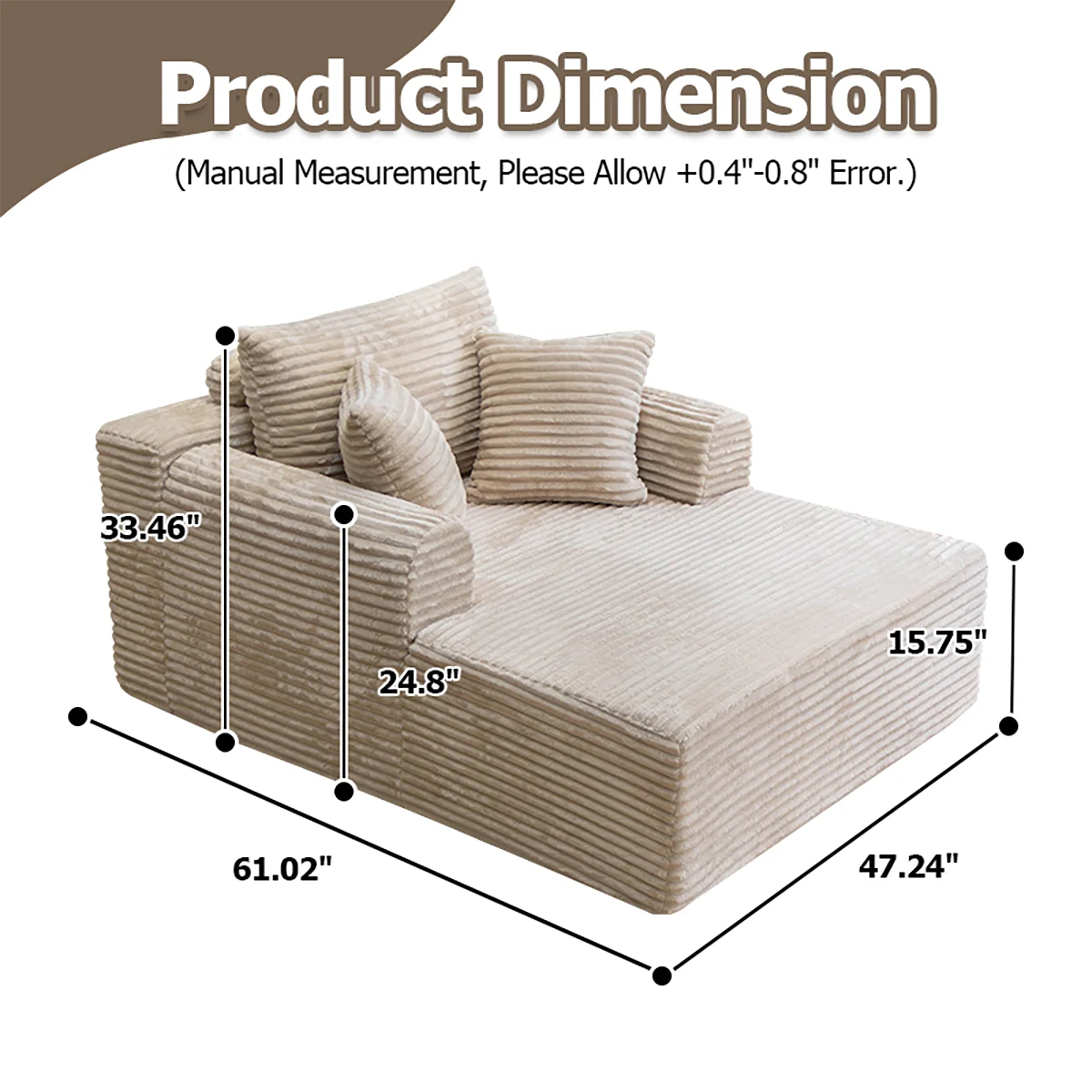 Single Corduroy Sofa Bed, Deep Seat, No Assembly, Includes 3 Pillows