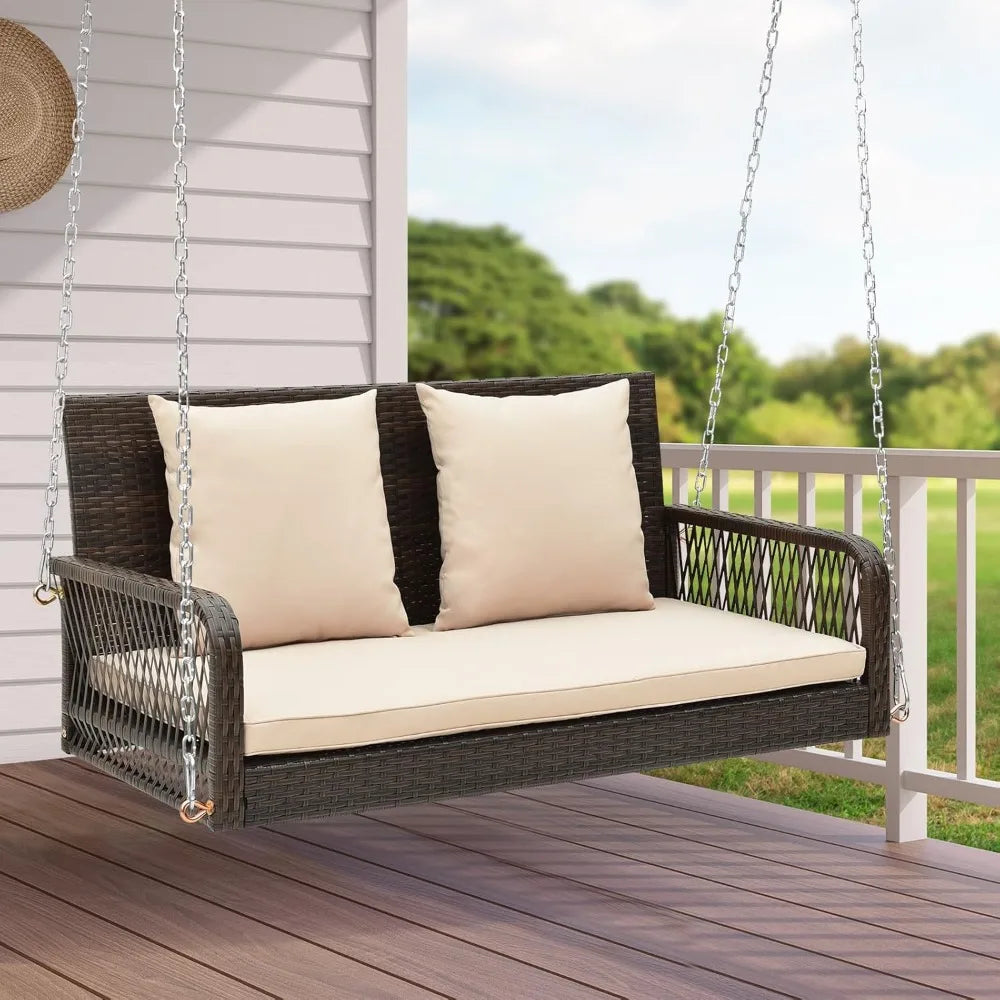 Porch Swing Outdoor 2-Person Hanging Bench Chair with Seat & Back Cushions, Heavy-Duty Metal Structure & 2 Hanging Ch