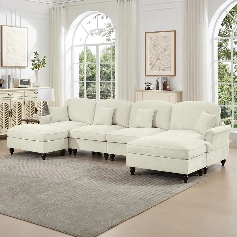 Classic U-Shaped 4-Seater Modular Sectional Sofa Couch with Flared Arms, Removable Ruffled Skirts, and Spindle Legs, Chenille