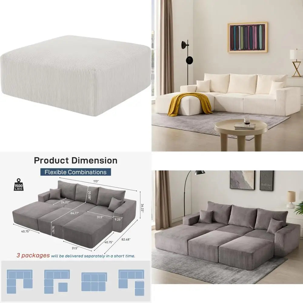 Modern Sectional Sleeper Sofa Bed 3-Seater Grey Lounge Couch Corduroy Convertible Sponge Compression Modular Sofas Chaise Home