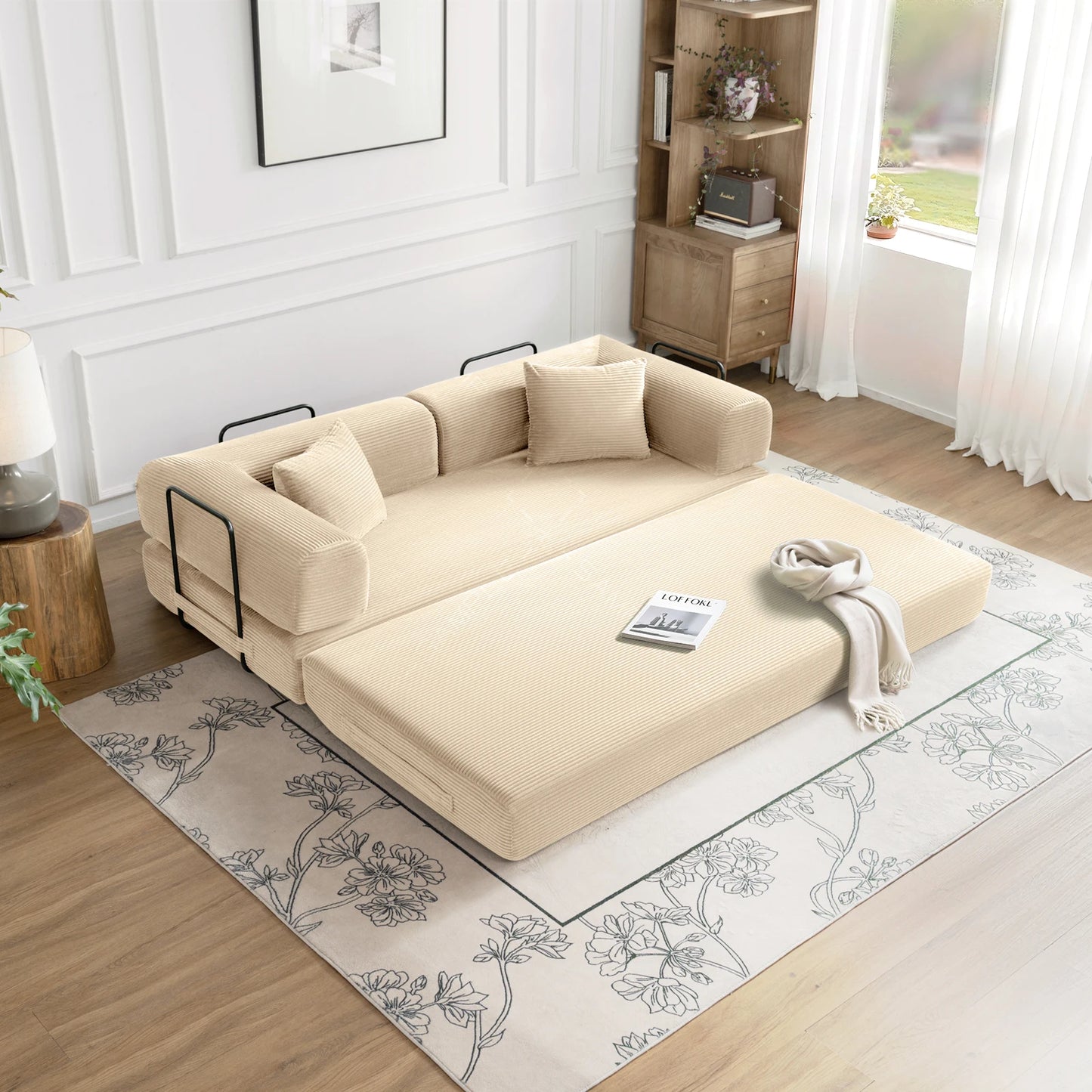 79" Convertible Sofa Bed with Fixed-Shape Frame, Modular Corduroy Sleeper Sofa, Folding Mattress Couch for Small Spaces