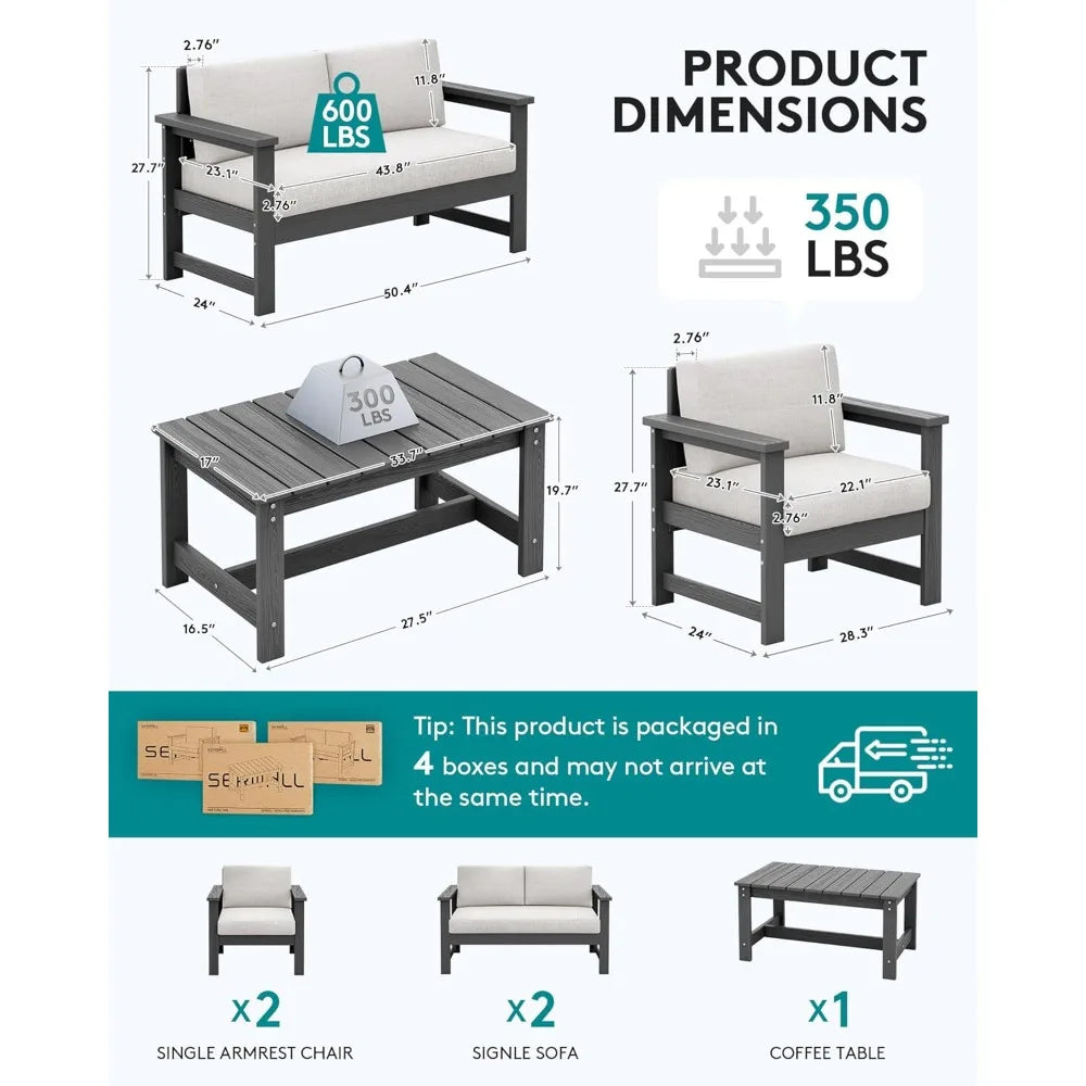 5 Pieces HDPE Outdoor Sofa Set with Cushions, All Weather Use Patio Conversation Couch Loveseat Furniture with Coffee Table for