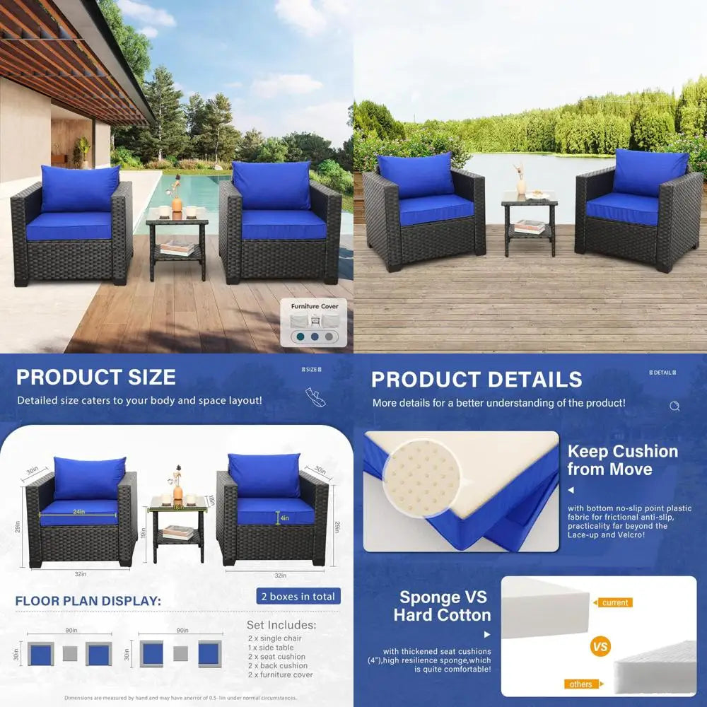 Wicker 3-Piece Patio Furniture Set with Conversation Chairs and Glass Side Table for Outdoor Balcony Use