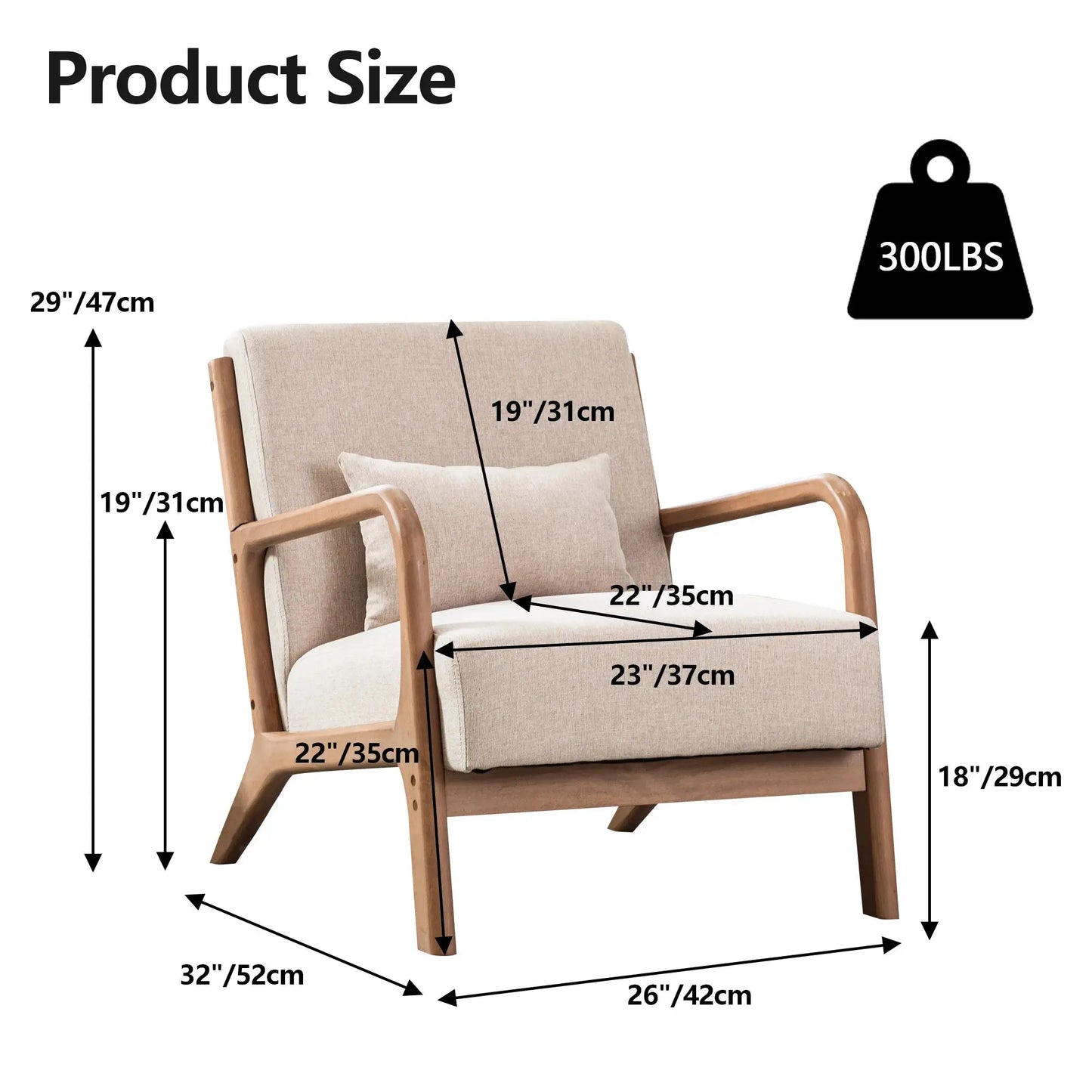 29*33*26 Inch Solid Color Solid Wood Living Room Chair 105° Backrest Non-Slip Casual Bedroom Chair With Pillow