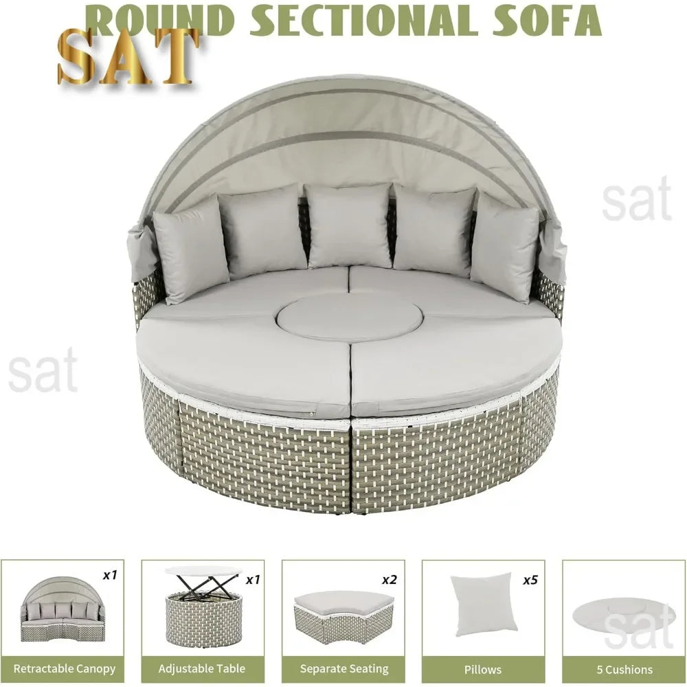 %a Patio Rattan Sunbed with Retractable Canopy, Round Outdoor Sectional Sofa Set with Separate Seating,liftable Table and Remov