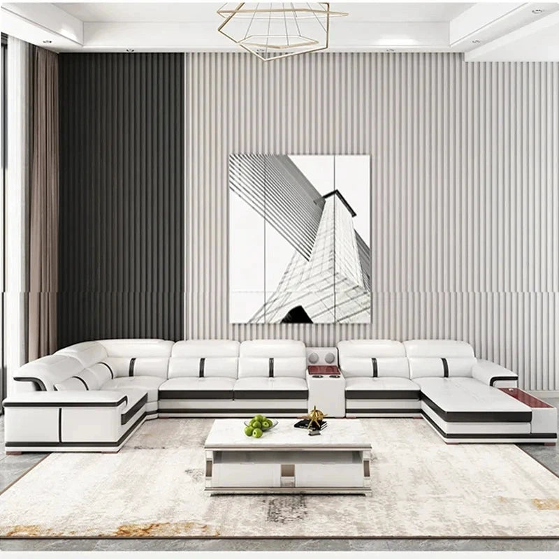 Modern U-Shaped Sectional Sofa with Chaise, White Genuine Leather Couch with Cup Holders, USB – Large Living Room Furniture Set